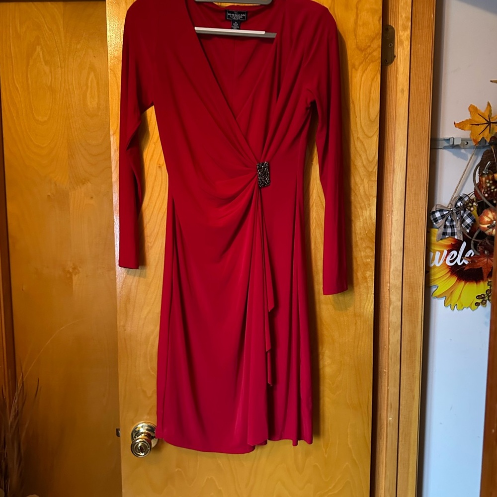 American Living Red Long Sleeve V-Neck Sheath Dress